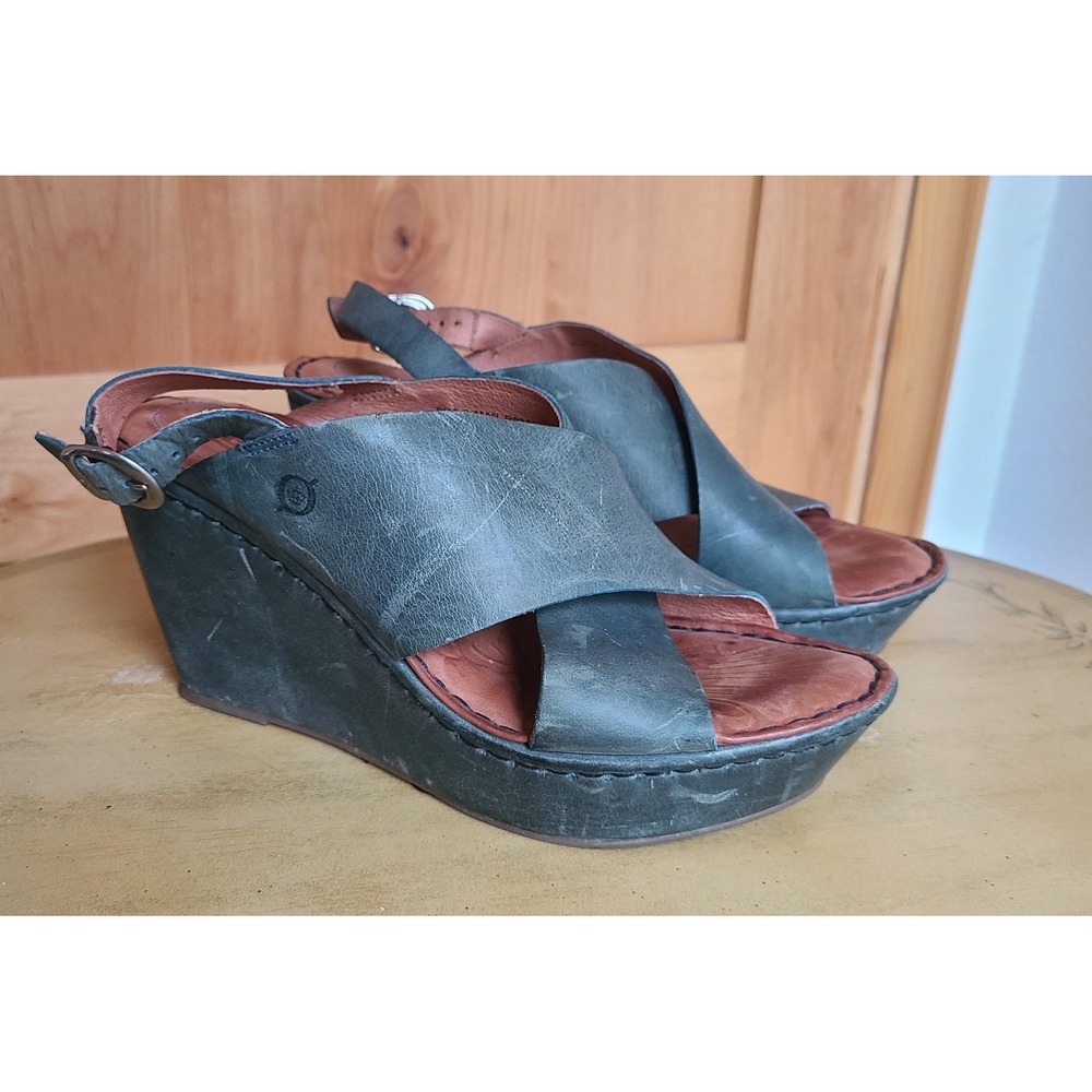 Born Emmy EU 40.5 US 9 Sage Green Leather Platform Wedge Slingback Sandals Boho